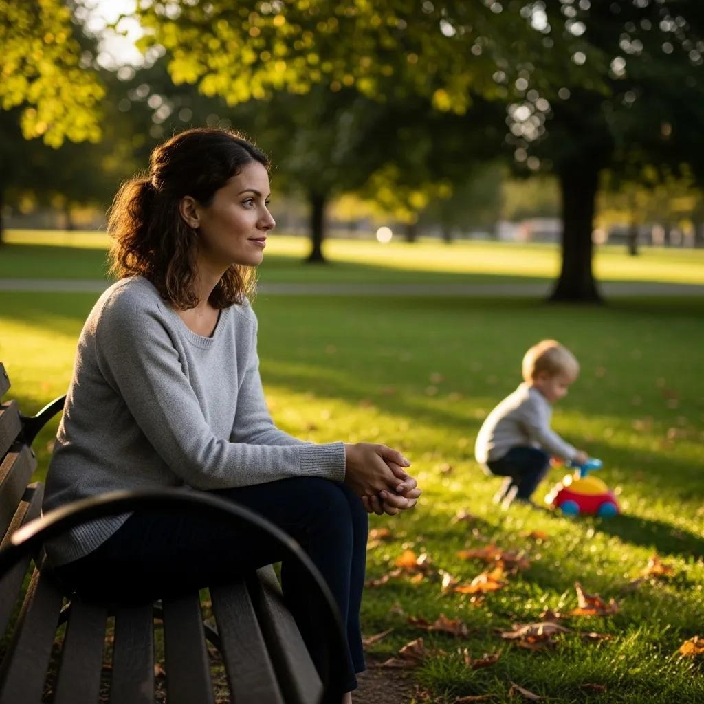 A mother pausing to reflect on a park bench while her child plays nearby, illustrating the gradual path of postpartum recovery