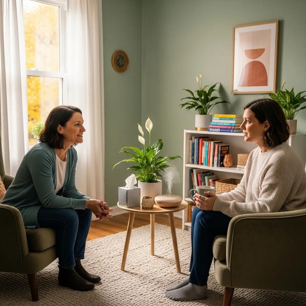 A therapist and mother in a calm, supportive session — illustrating how treatment supports postpartum recovery