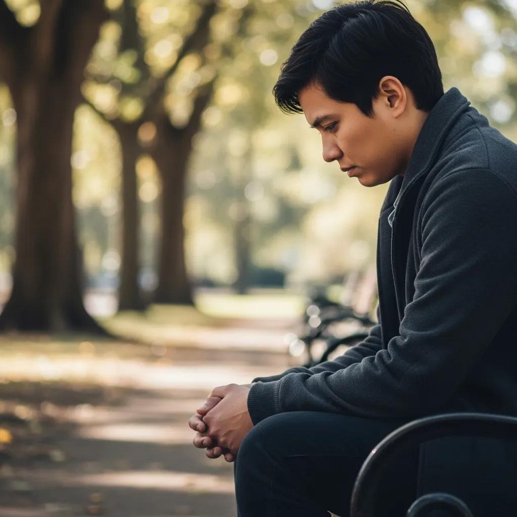 Individual sitting alone in a park, reflecting emotional signs of clinical depression