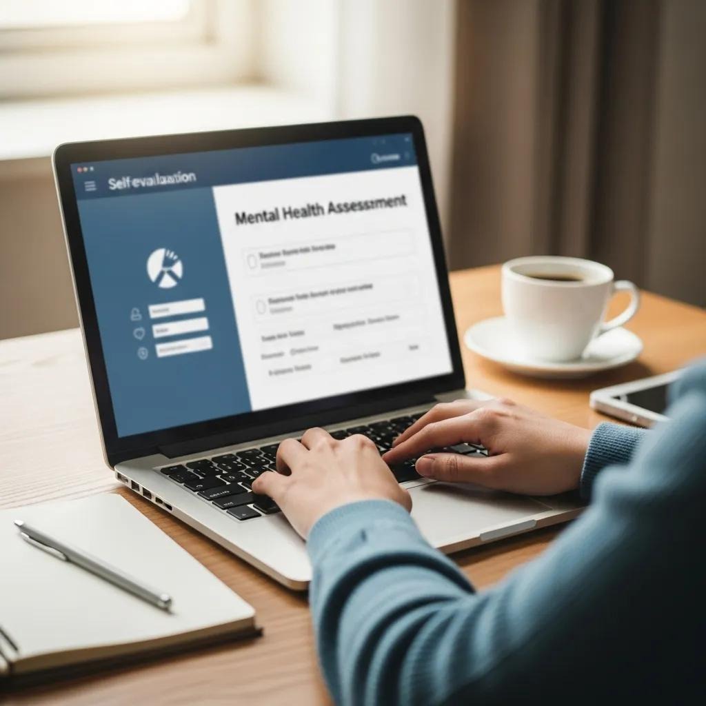Person using a laptop for an online depression assessment in a cozy setting