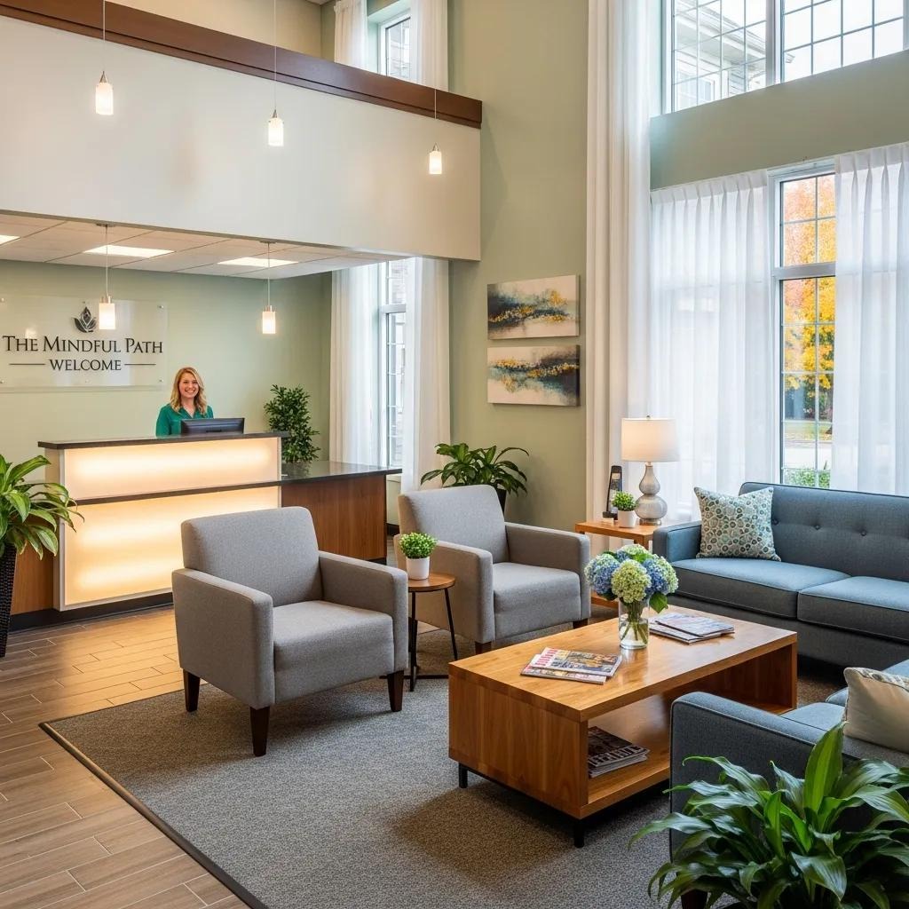 Reception area of an outpatient treatment center, representing depression programs in Massachusetts