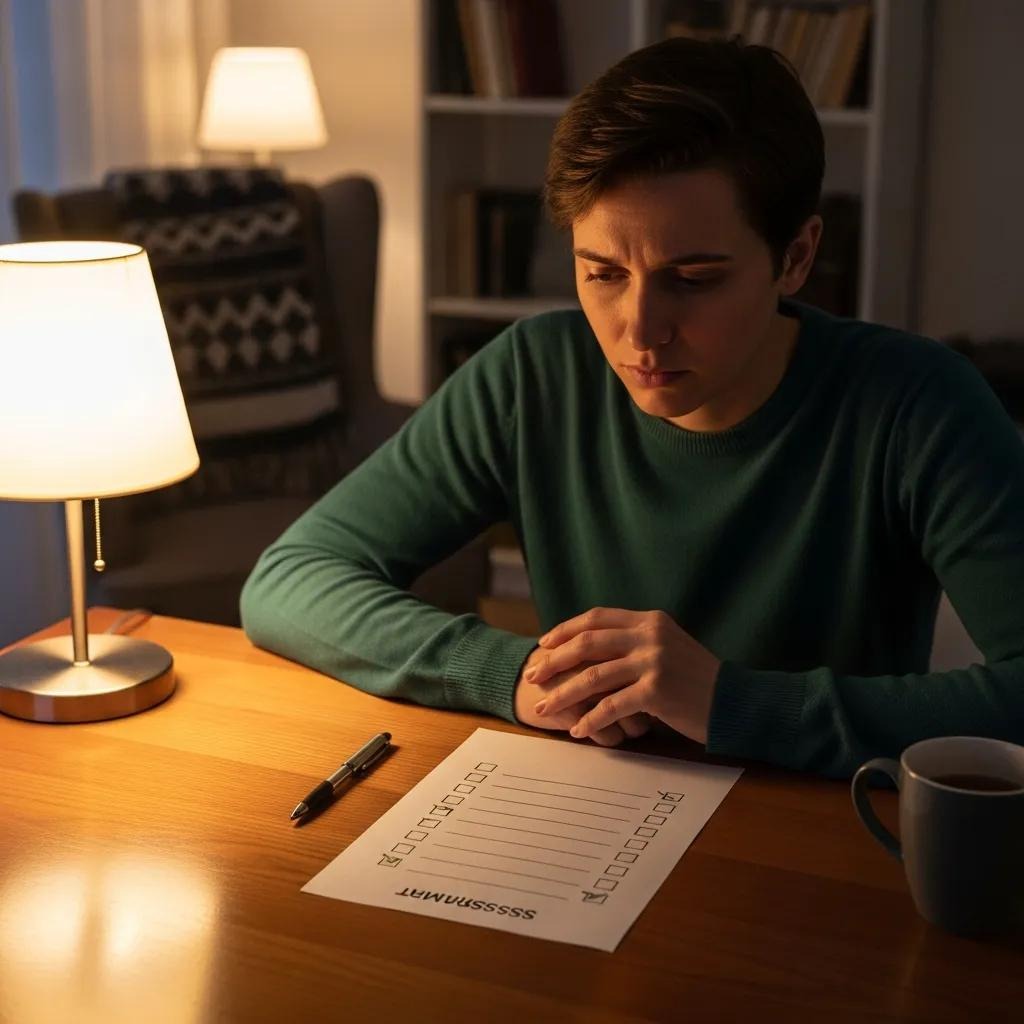 Person thoughtfully assessing feelings — recognizing the shift from grief to depression