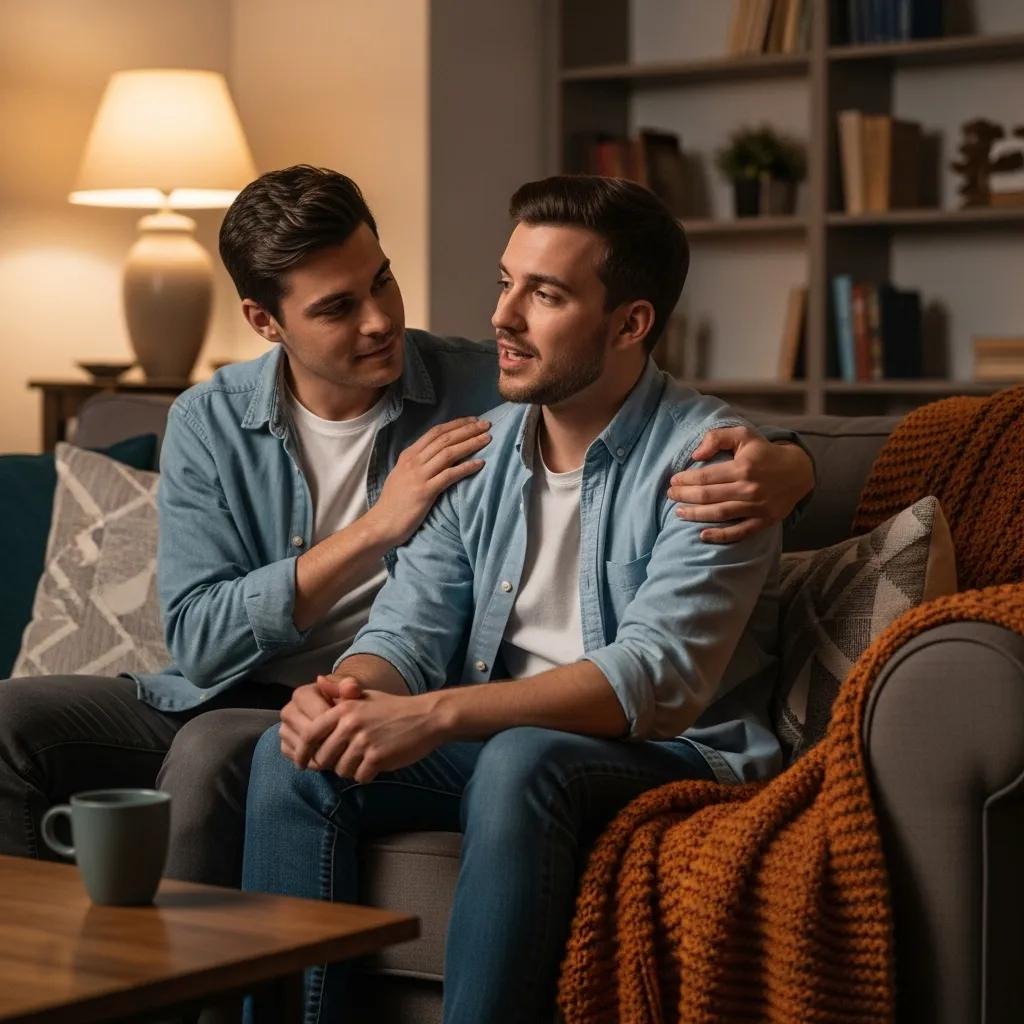 Two friends in a gentle, supportive conversation—demonstrating how to listen and offer help to someone showing self‑harm symptoms