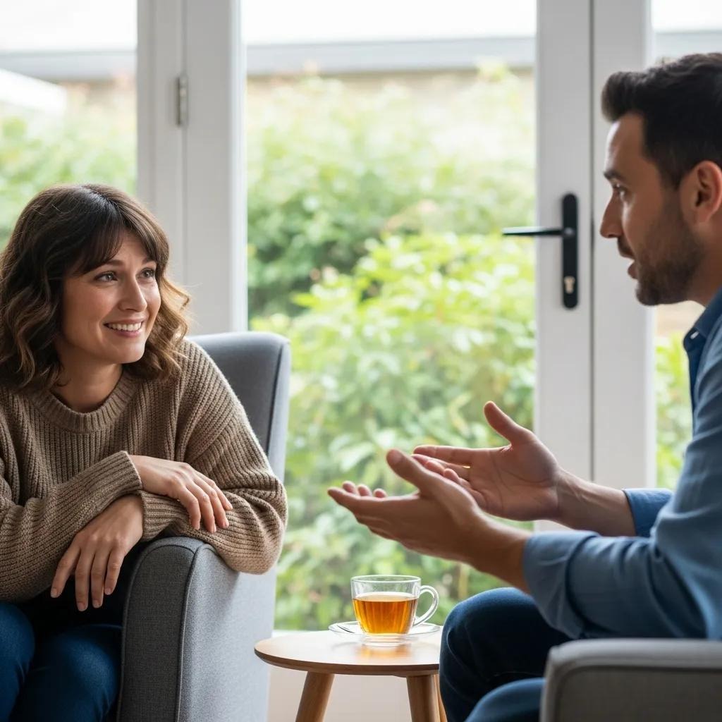 Two people having a calm, attentive conversation to model active listening for PTSD support