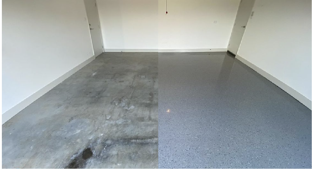 Before and after of epoxy flooring in Utah garage.