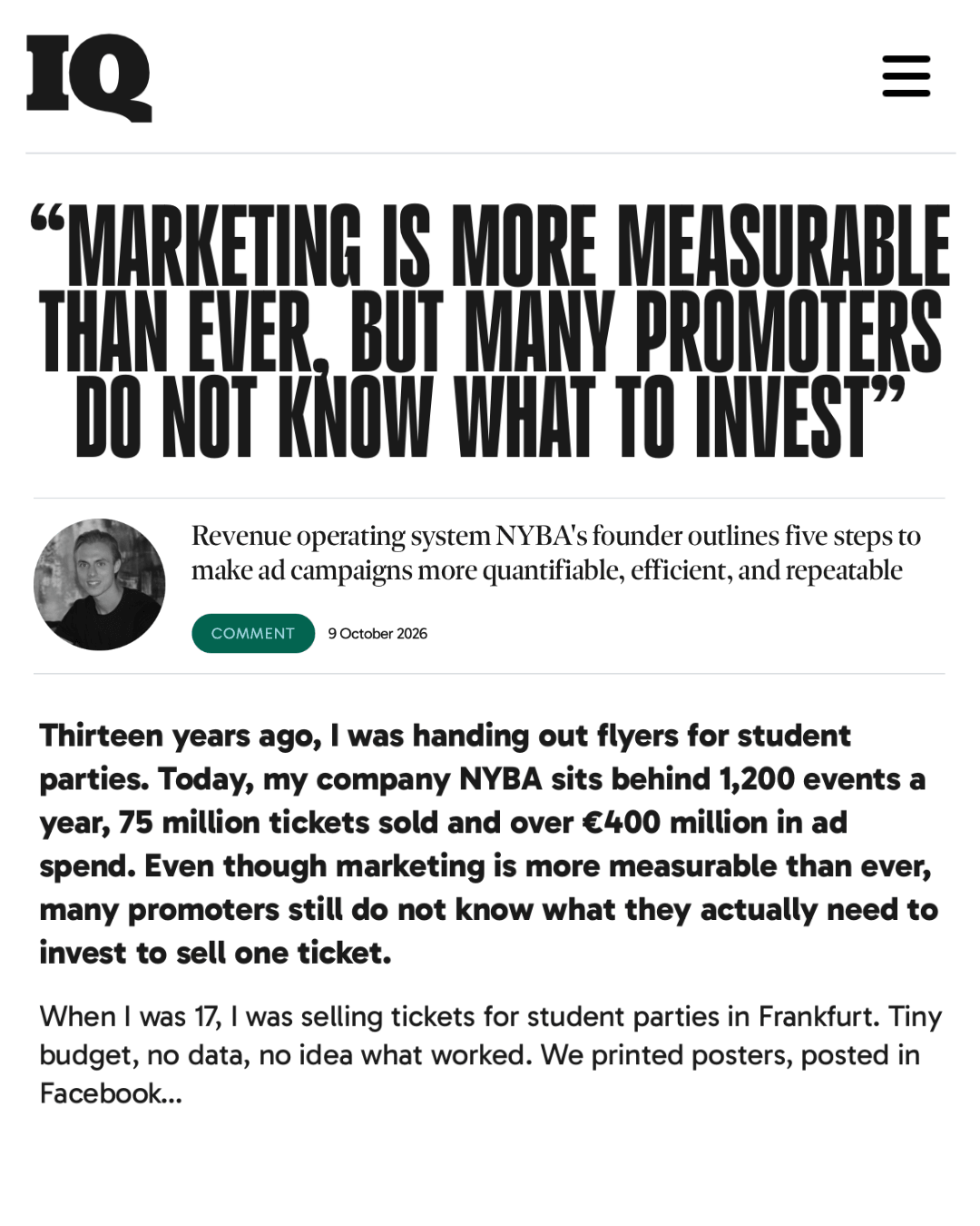 IQ Magazine comment by NYBA founder Markus Hetzenegger: Marketing is more measurable than ever, but many promoters do not know what to invest