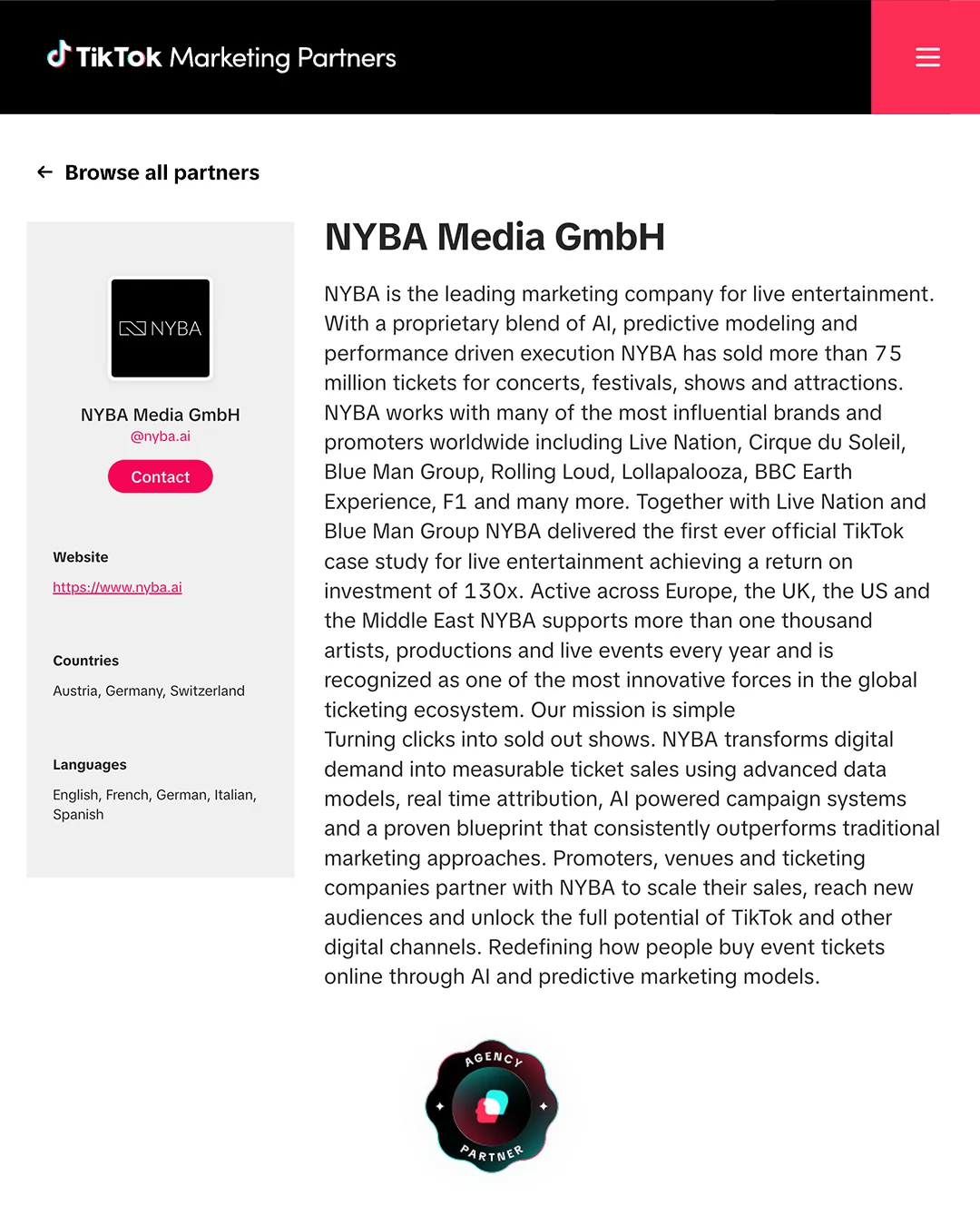 Profil der NYBA Media GmbH im Verzeichnis der TikTok Marketing Partners