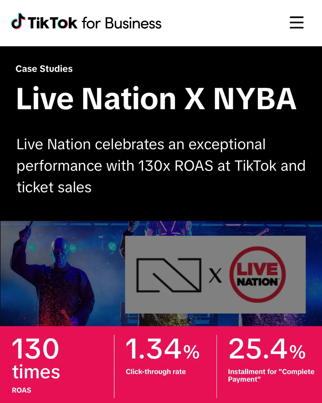 TikTok for Business case study Live Nation x NYBA with Blue Man Group: 130x ROAS and 1.34% click-through rate