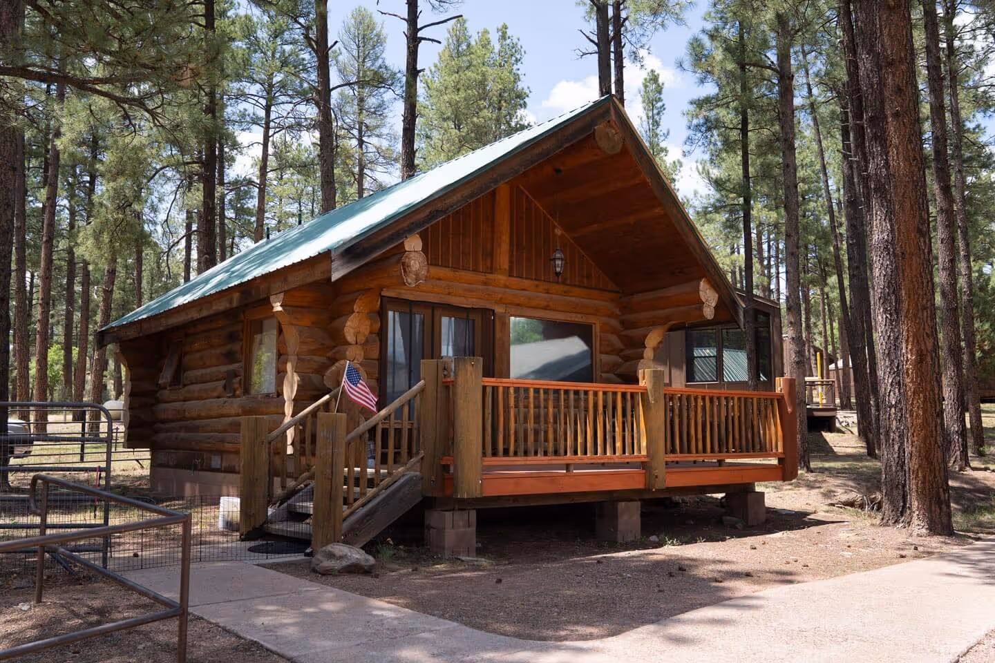 Wooden log cabin with a green metal roof and a small porch surrounded by tall pine trees.