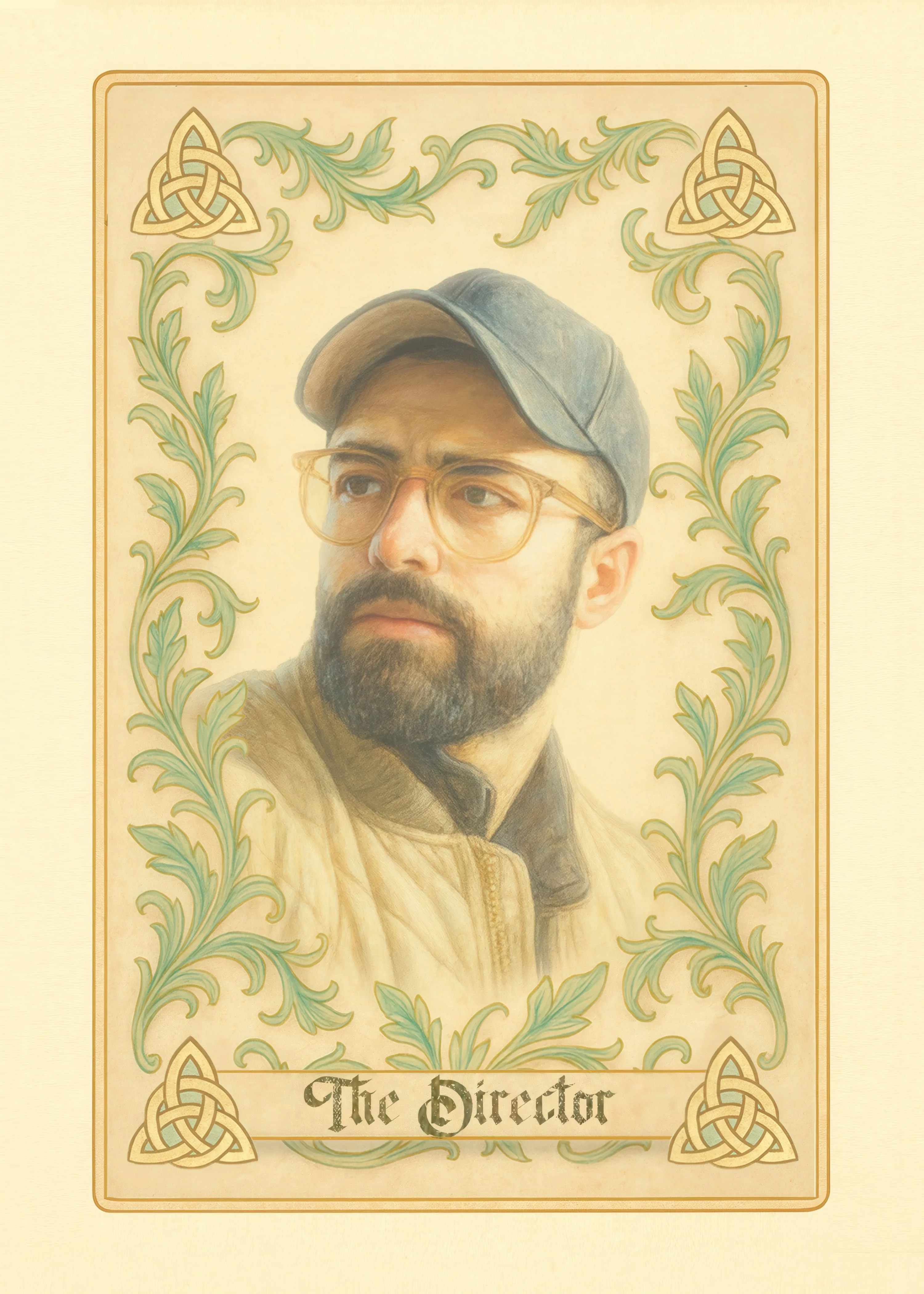 Portrait of a bearded man wearing glasses and a cap, framed with decorative green leaves and Celtic knots, titled 'The Director'.