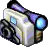 Icon of a small, futuristic video camera with a blue lens and gray and white body.