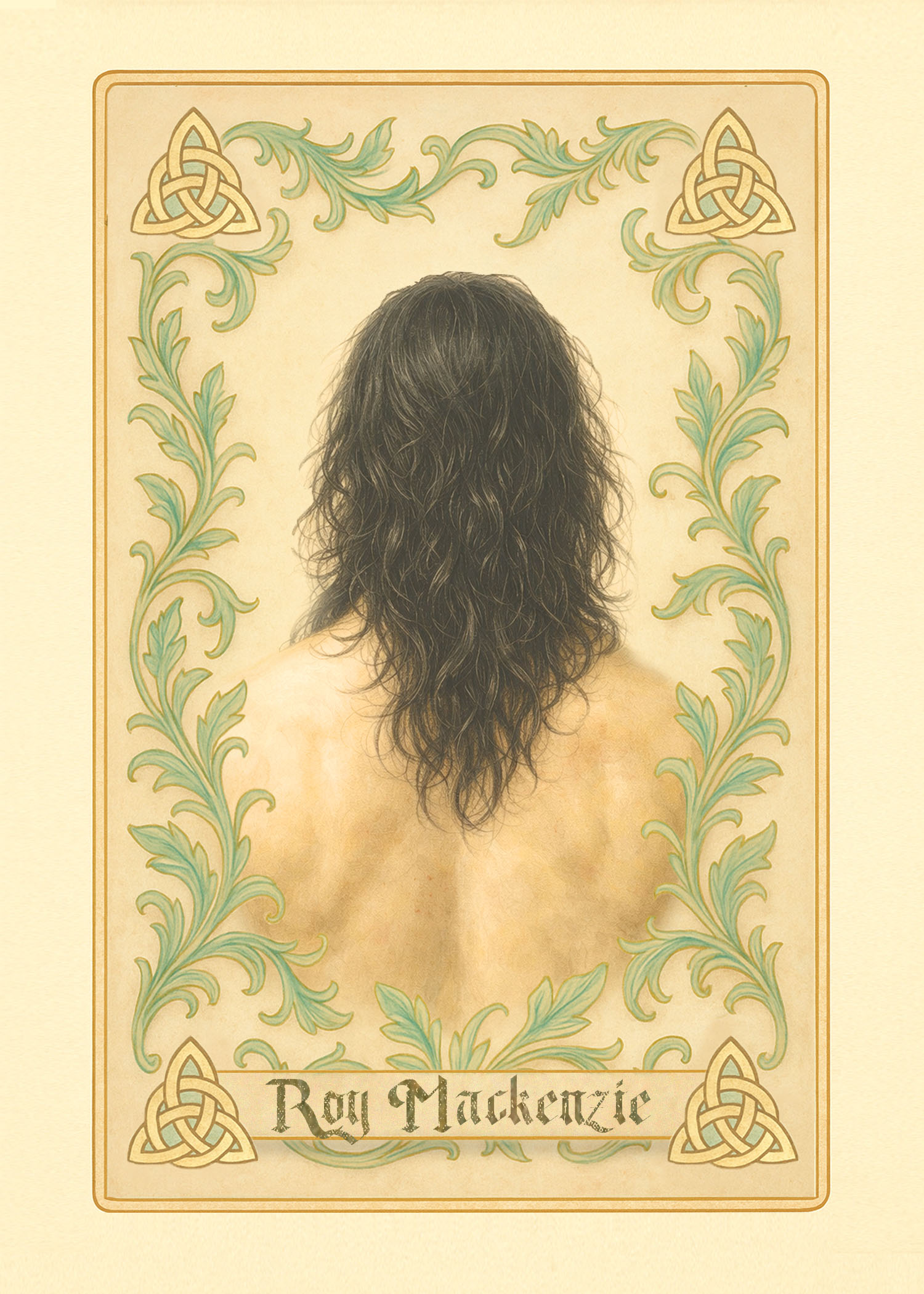 Portrait of a serious older woman with gray hair in a blazer and black turtleneck, framed by ornate green leafy and Celtic knot designs with the title 'The Detective'.