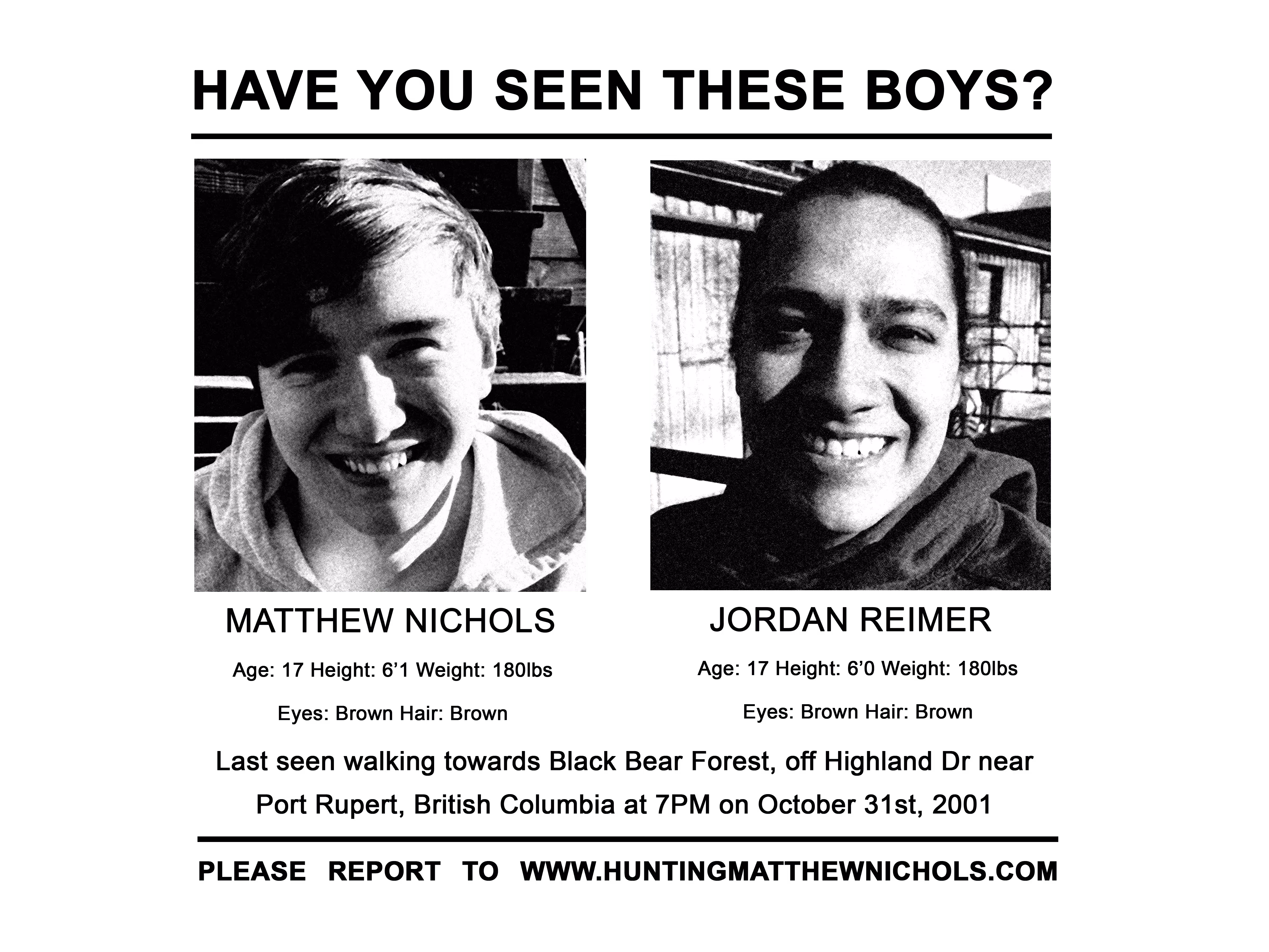 Black and white photos of two smiling young men with short hair, one wearing a hoodie and the other a jacket, both outdoors.