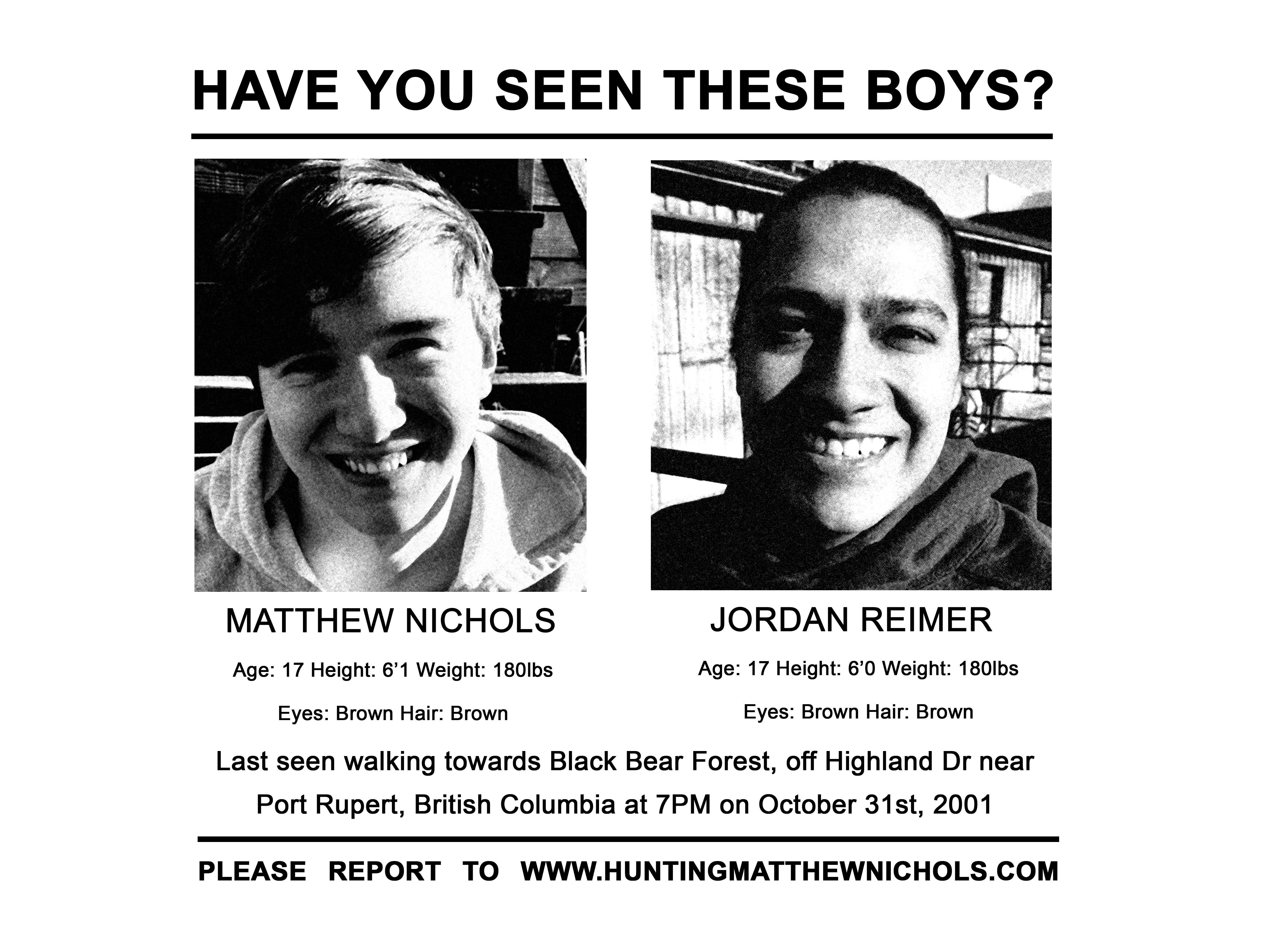Black and white photos of two smiling young men with short hair, one wearing a hoodie and the other a jacket, both outdoors.
