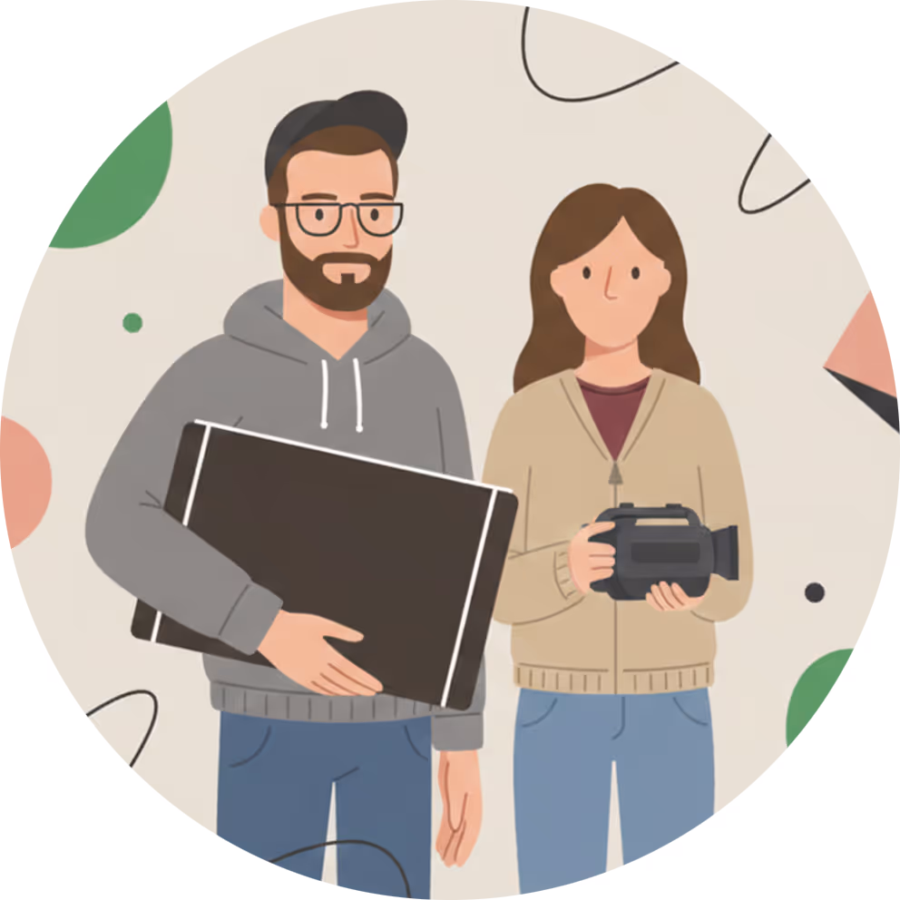 Illustration of a man with a beard and glasses holding a large black tablet and a woman with long brown hair holding a video camera, both wearing casual clothes.