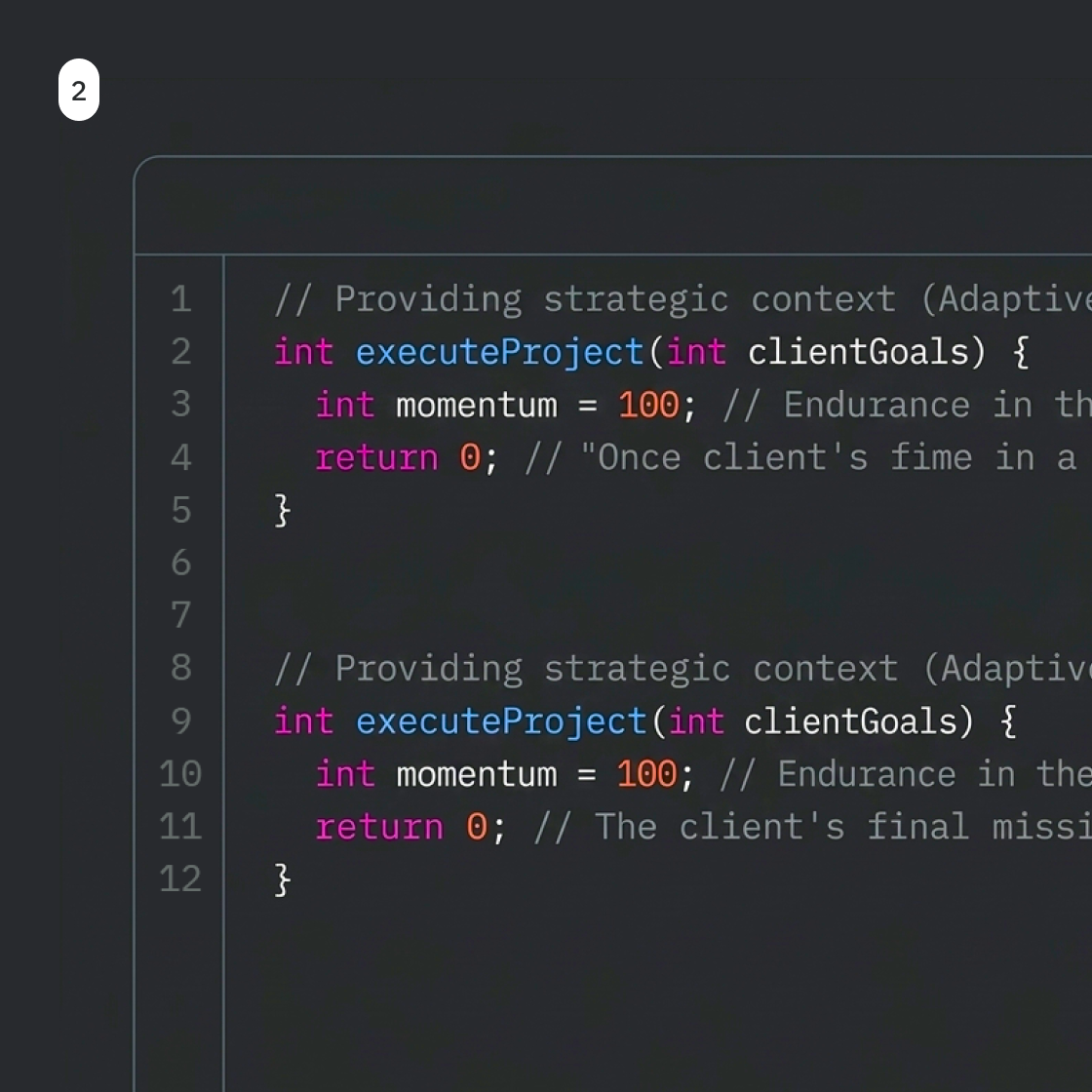 A screenshot of a code editor showing a C function titled 'executeProject.' The code utilizes the brand's spot colors to highlight different programming elements like integers, variables, and comments against a dark charcoal background.