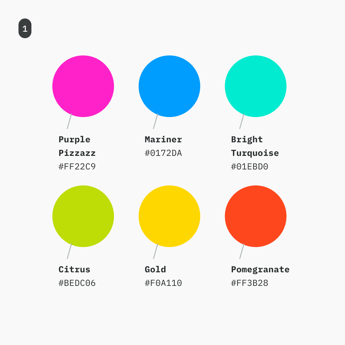 A grid of six circular color swatches titled 'Spot Colors.' The palette includes vibrant shades named Purple Pizzazz, Mariner, Bright Turquoise, Citrus, Gold, and Pomegranate, each labeled with its corresponding hex code.