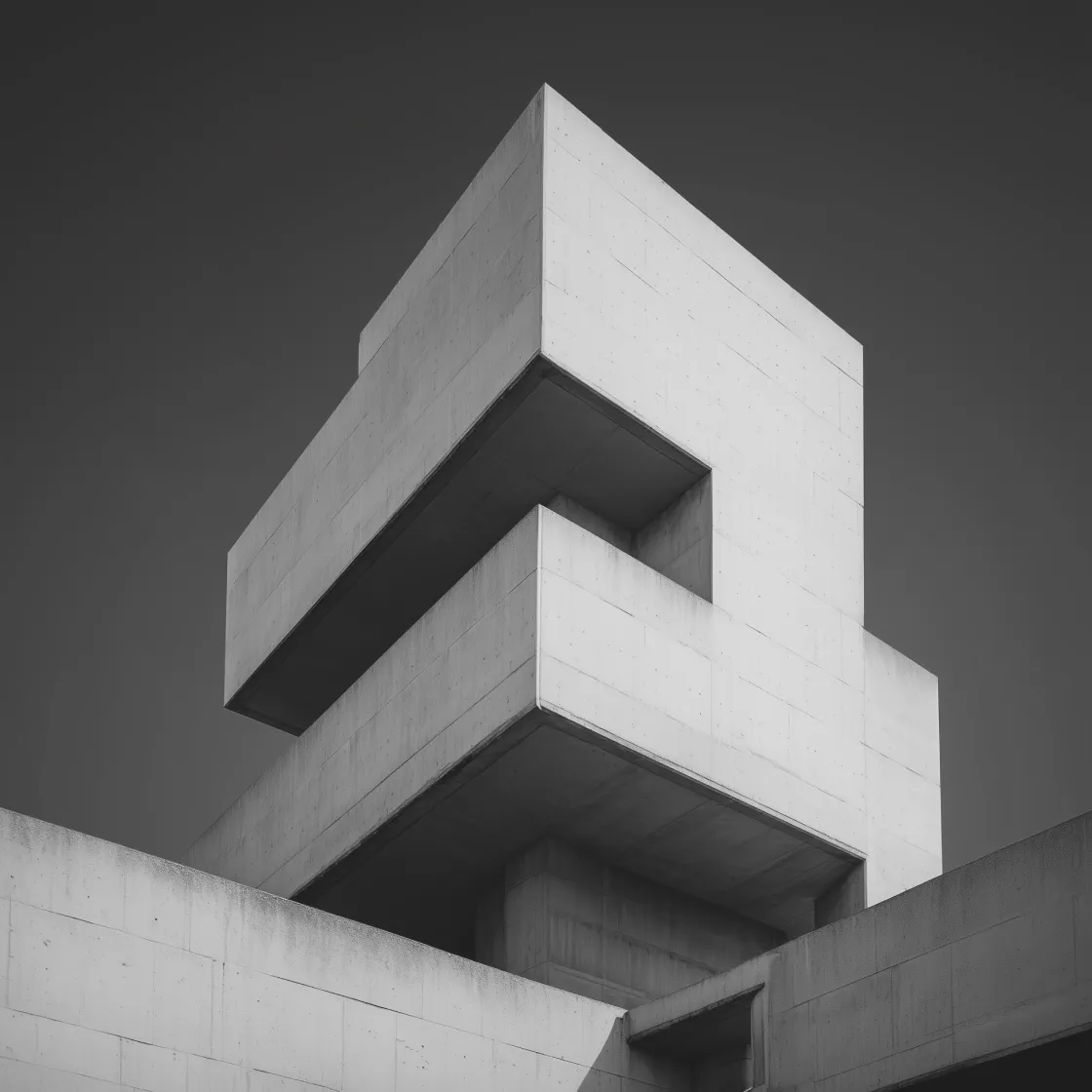 A straight-on, front-elevation black-and-white photograph of a minimalist concrete structure displaying sharp lines, recessed shadows, and a clean grid format designed to act as a layout canvas.
