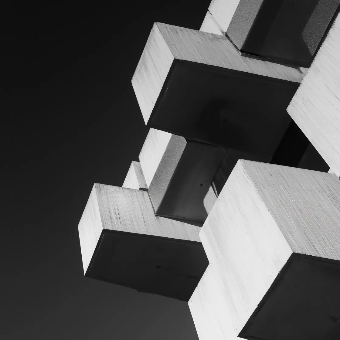 A stark, black-and-white architectural photograph capturing the sharp, repeating geometric block protrusions of a Brutalist concrete structure reaching dramatically into a dark sky.
