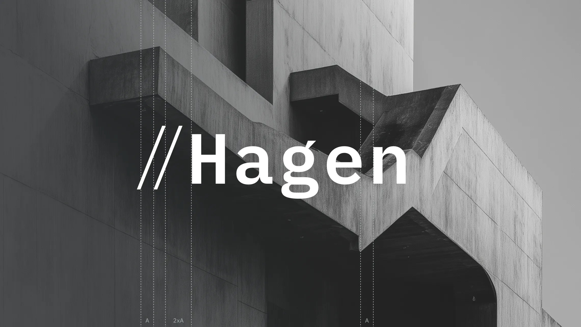 Black and white photograph of a person walking past a raw concrete architectural wall with '//Hagen' text overlay.