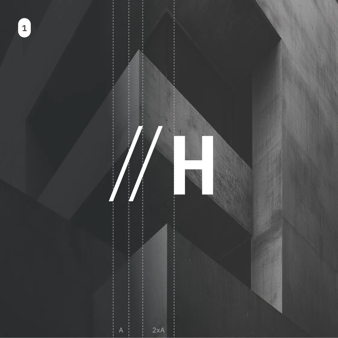 The Hagen secondary mark, consisting of a white double slash and a capital letter H, overlaid on a dark, geometric concrete background. Red vertical grid lines indicate the systematic A and 2xA spacing between the characters.