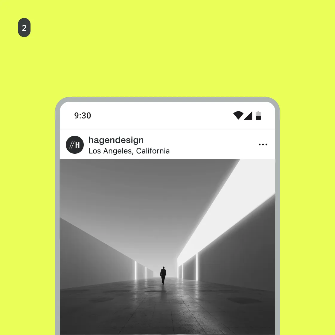 A mobile user interface mockup on a bright lime-green background, displaying an Instagram profile snippet for hagendesign based in Los Angeles, California. The secondary mark is utilized cleanly inside the circular profile avatar slot.
