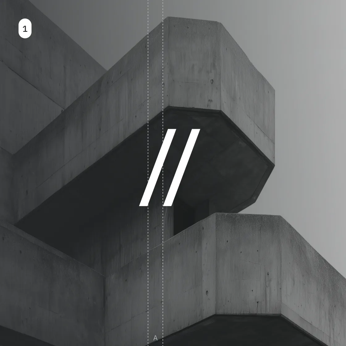 The Hagen tertiary mark, consisting of a standalone white double slash, adjusted to a thicker stroke weight and overlaid on a angular, dramatic concrete architectural structure. A red vertical guide line highlights the alignment and baseline tracking.