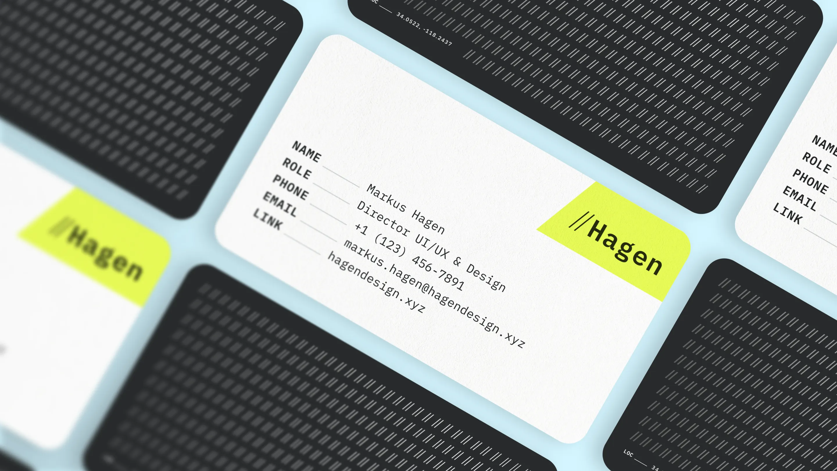 A top-down 3D mockup of professional business cards for Hagen. The cards feature a minimalist white front with a black IBM Plex grid layout for contact details, and a vibrant lime-green back featuring the Hagen logo. The cards are arranged over a dark, textured mesh background that echoes architectural patterns.