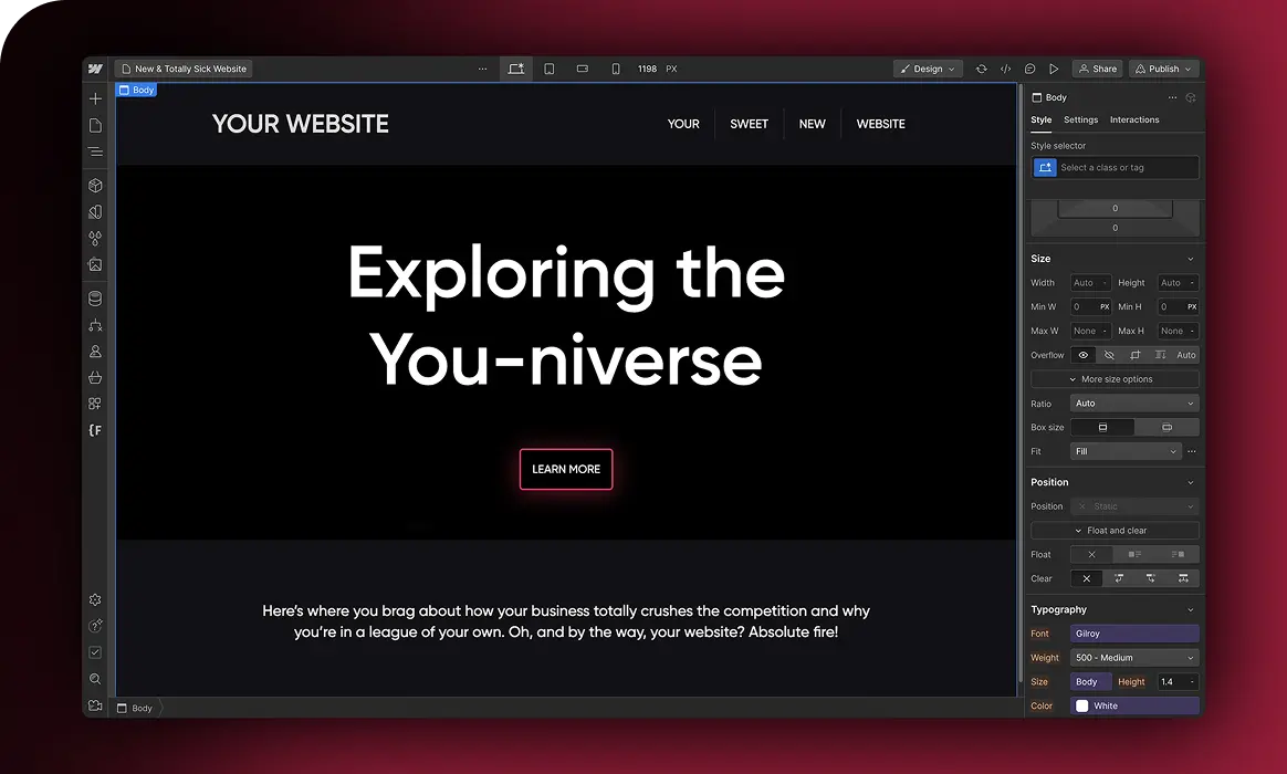 Web design software interface displaying a website preview titled 'Exploring the You-niverse' with a Learn More button and descriptive text below.