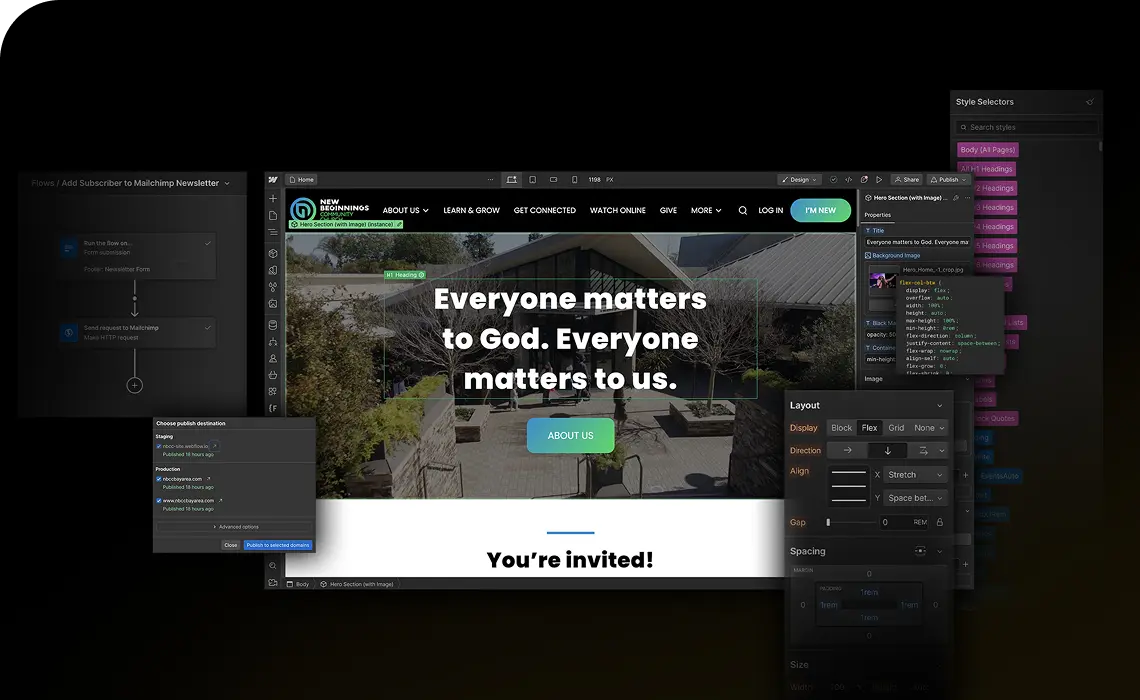 Web design interface showing a webpage with the headline 'Everyone matters to God. Everyone matters to us.', a button labeled 'ABOUT US,' and a footer text 'You're invited!'.