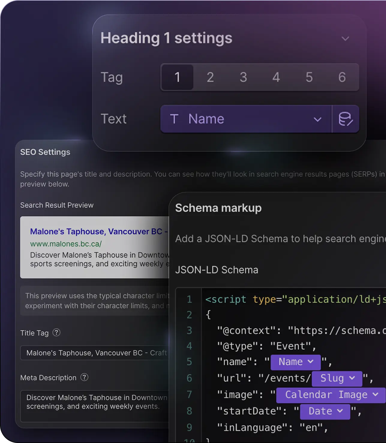 User interface showing Heading settings, SEO settings with search preview for Malone's Taphouse, and JSON-LD Schema markup code for an event.