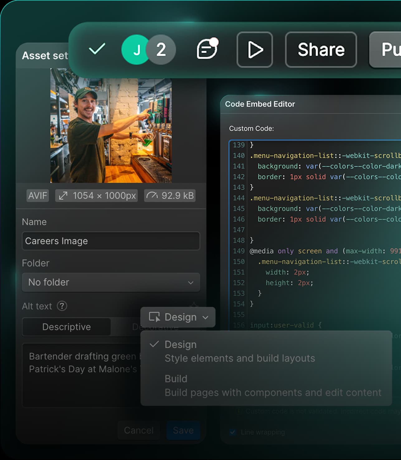 Screenshot of a code embed editor with a careers image of a bartender pouring a green drink in a bar and code styling a menu navigation list.