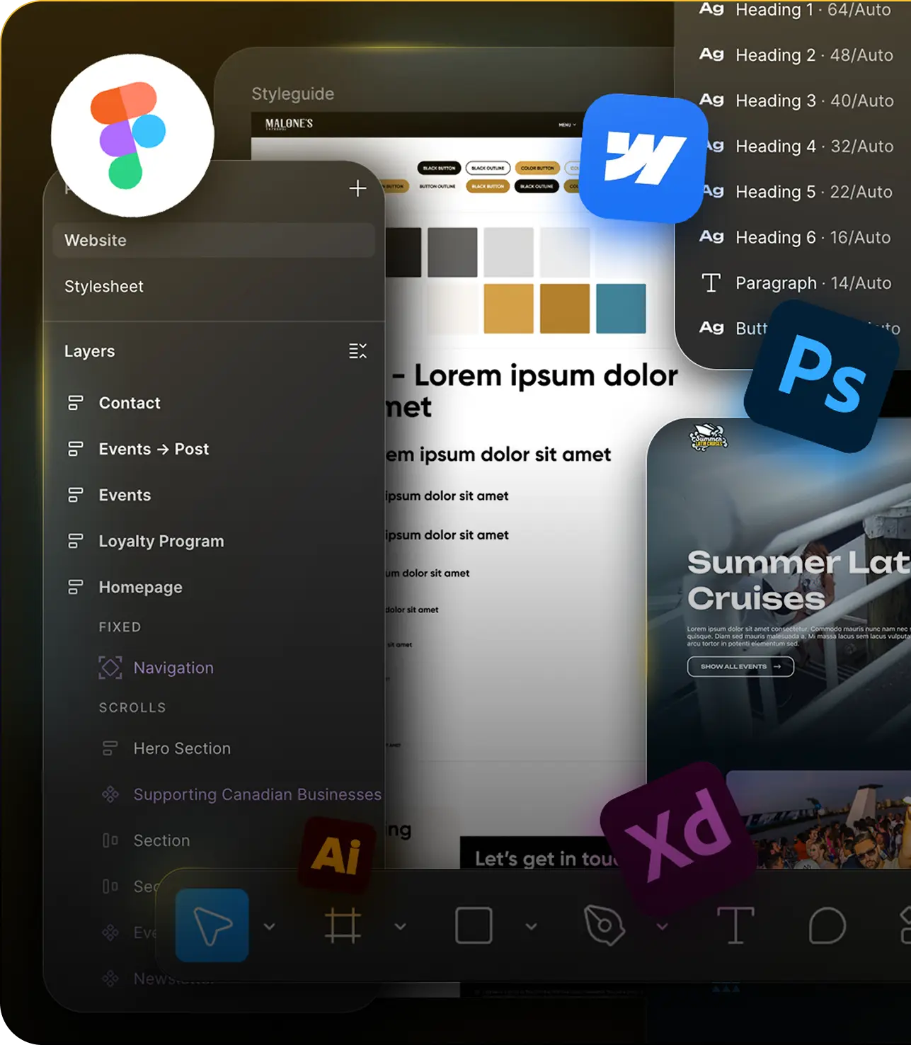 Interface of a web design tool showing layers panel, style guide with color palette and typography settings, and multiple design software icons like Figma, Webflow, Photoshop, Illustrator, and Adobe XD.