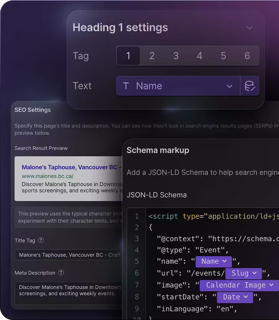 User interface showing Heading settings, SEO settings with search preview for Malone's Taphouse, and JSON-LD Schema markup code for an event.