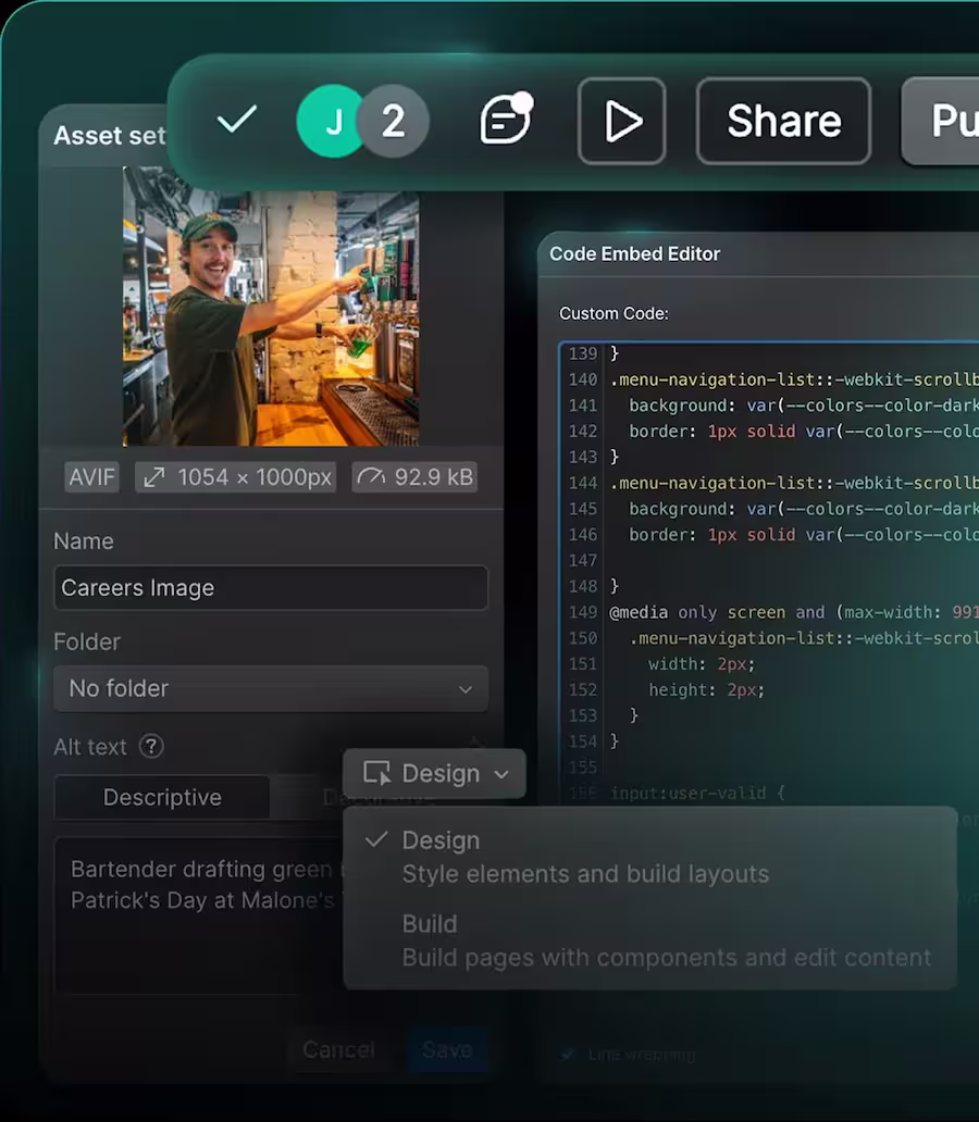 Screenshot of a code embed editor with a careers image of a bartender pouring a green drink in a bar and code styling a menu navigation list.