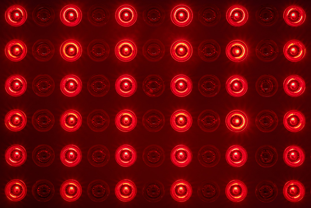 Up-close detail of a red light therapy panel for skin health, pain relief, recovery, and inflammation reduction.