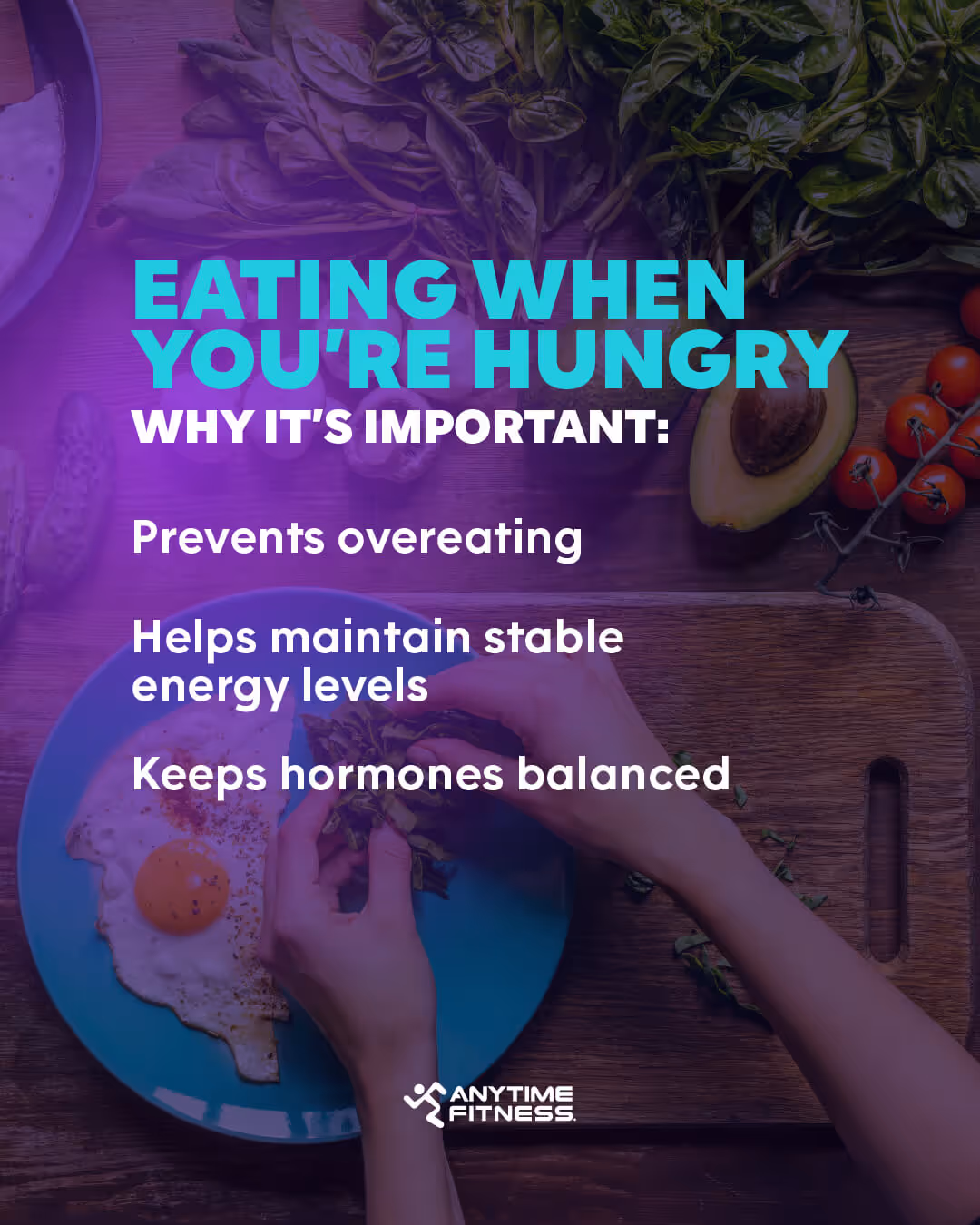 Infographic guide to why it’s important to eat when you’re hungry. Intuitive eating prevents overeating, helps maintain stable energy levels, and keeps hormones balanced.
