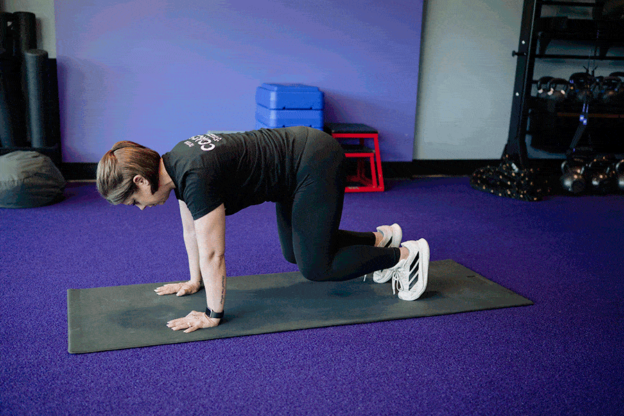 Anytime Fitness Coach demonstrating a bear hold with hip extension.