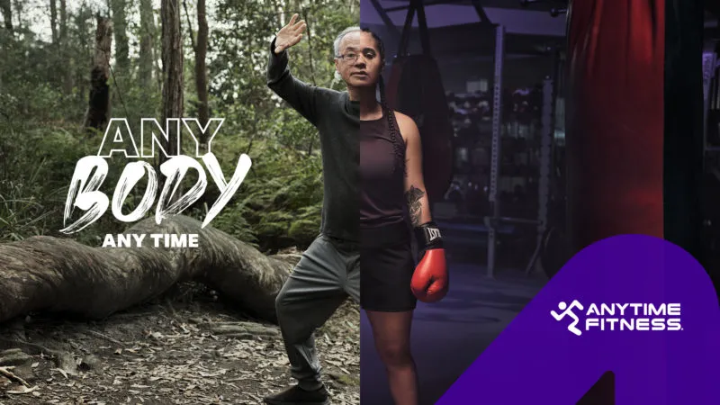 Split-screen image showing a person practicing tai chi in a forest on the left and the same person boxing in a gym on the right, with the text “ANY BODY ANY TIME” and the Anytime Fitness logo.