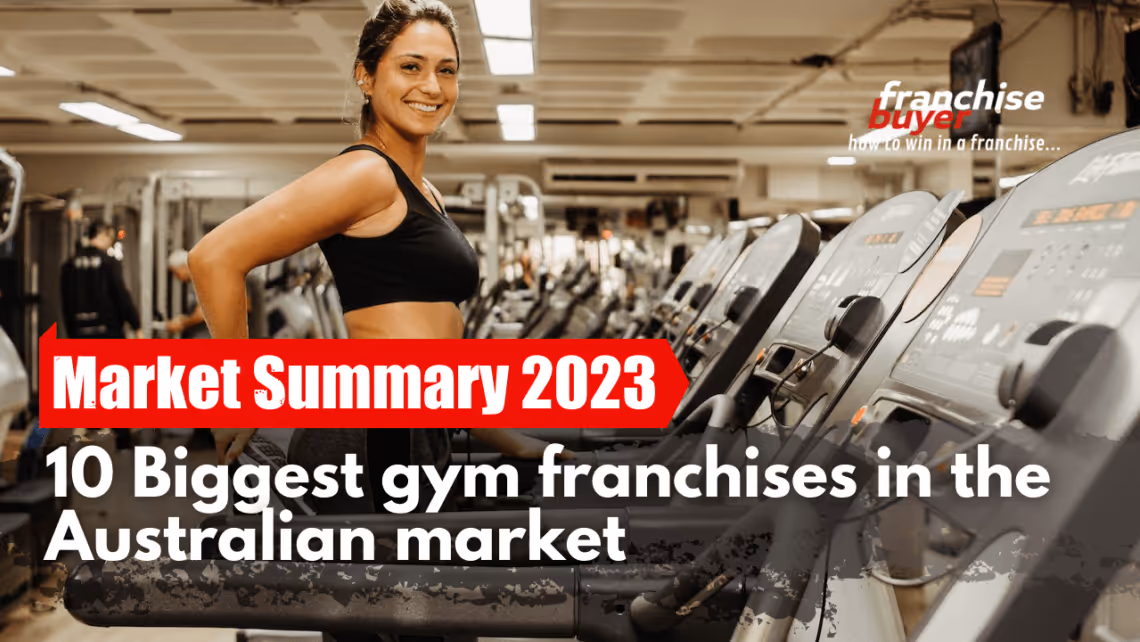 Smiling woman in a gym standing beside treadmills with text overlay reading “Market Summary 2023 – 10 Biggest gym franchises in the Australian market.”