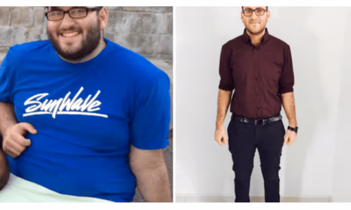 Before-and-after photo of Daniel Taha showing his weight loss transformation, from wearing a blue t-shirt at a heavier weight to a slimmer appearance in a maroon shirt and black pants.