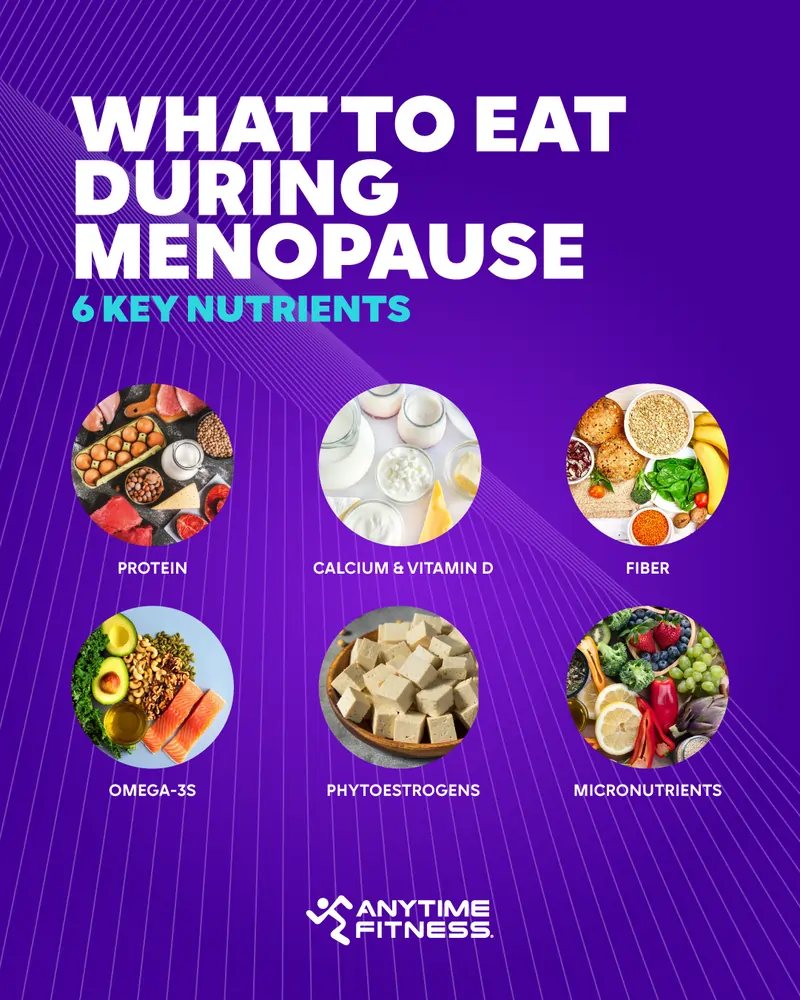  Six key nutrients for menopause nutrition, including protein, calcium and vitamin D, fiber, Omega-3s, phytoestrogens, and micronutrients.
