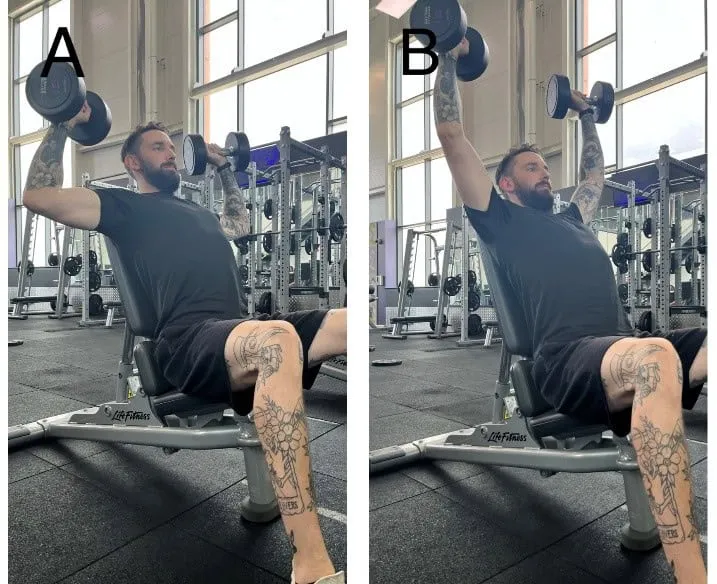 A person seated on a bench performs an overhead dumbbell press.