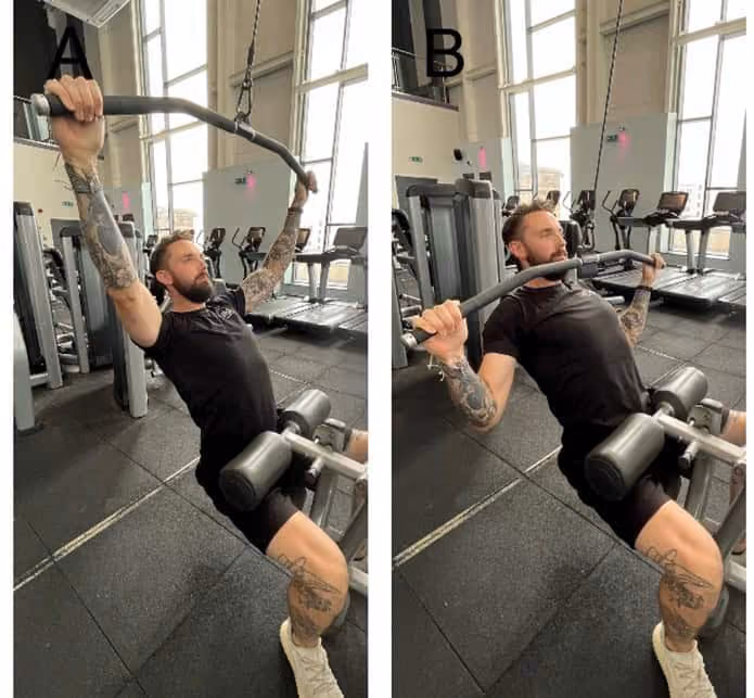 Workout using a lat pulldown machine, showing two different positions of the exercise.