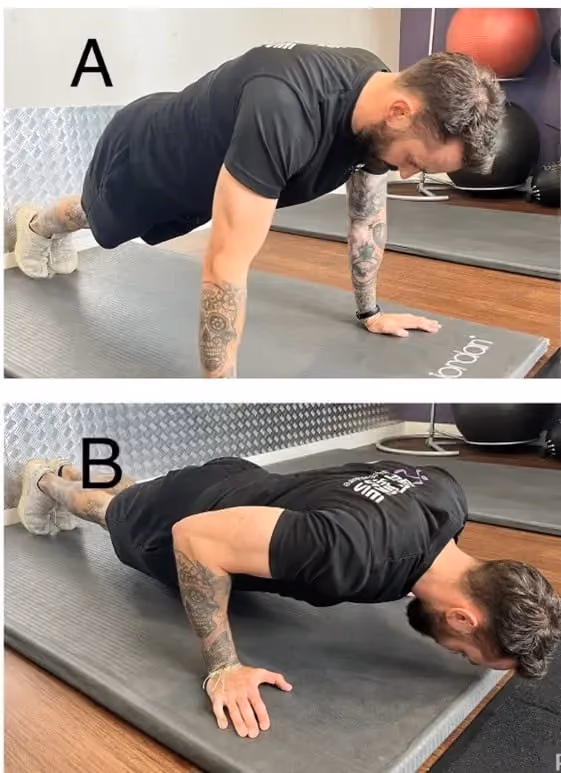 Two push-up variations on a gym mat: one in a standard plank position and another in a lower position.