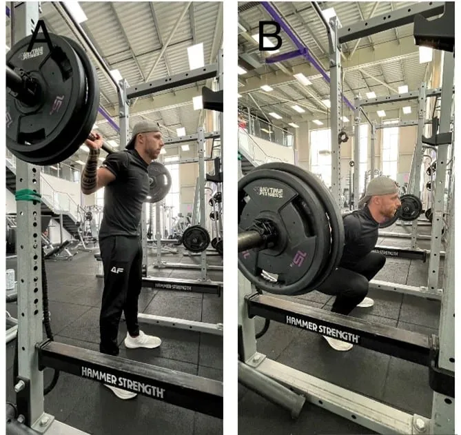 Barbell squat in two stages: standing position (A), squatting position (B).