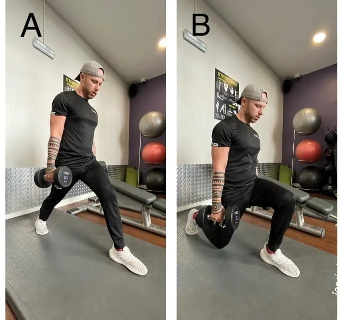 Leg presses on a machine. Image A: legs bent; Image B: legs extended.