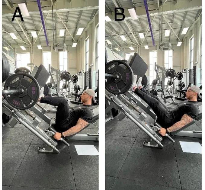 Leg press machine: Image A: Knees bent. Image B: Legs extended.