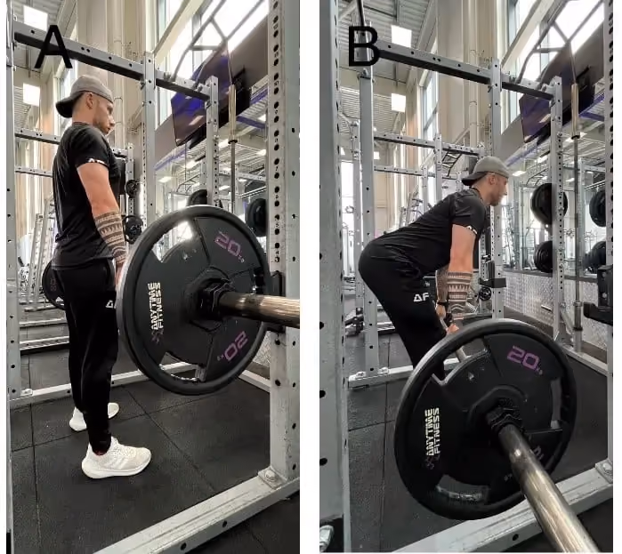 Deadlift: Image A: Standing upright; Image B: Bent forward, lifting the barbell.