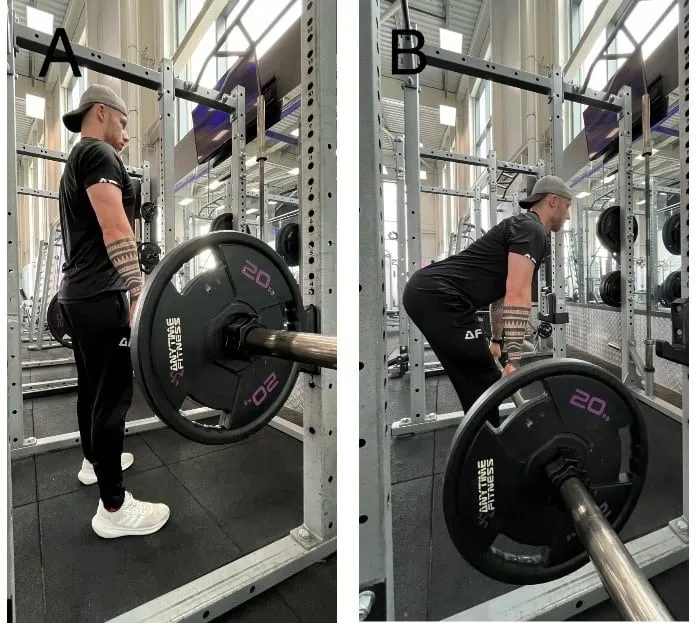 Deadlift: Image A: Standing upright; Image B: Bent forward, lifting the barbell.